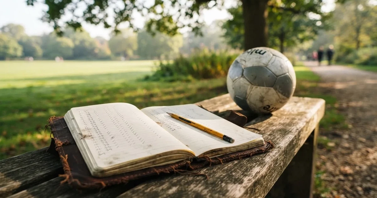 Ein Notizbuch mit handschriftlichen Zahlenkolonnen und ein Bleistift liegen neben einem Fußball auf einer Holzbank.