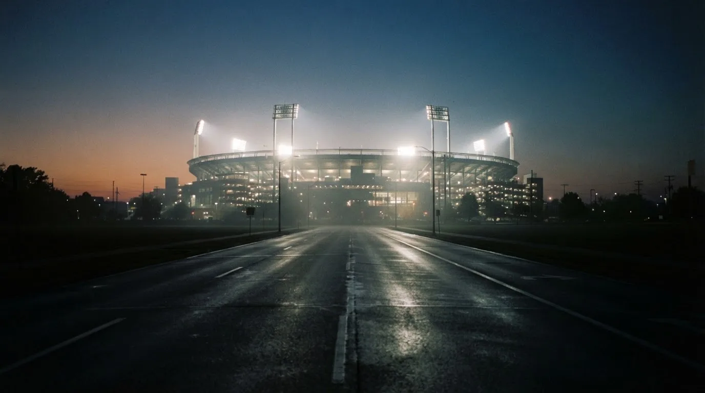 Ein Stadion unter Flutlicht aus der Ferne gesehen, davor eine leere Straße in der Abenddämmerung mit leichtem Dunst.
