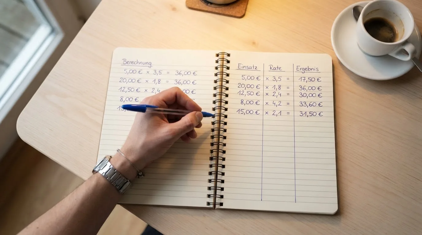 Ein Notizbuch mit handschriftlichen Rechnungen und ein Taschenrechner liegen auf einem hellen Schreibtisch neben einer Kaffeetasse.