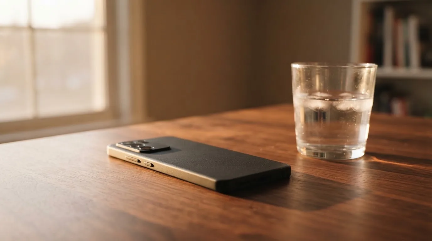 Ein Smartphone liegt mit dem Display nach unten auf einem Holztisch neben einem Glas Wasser, Abendlicht fällt durch ein Fenster.
