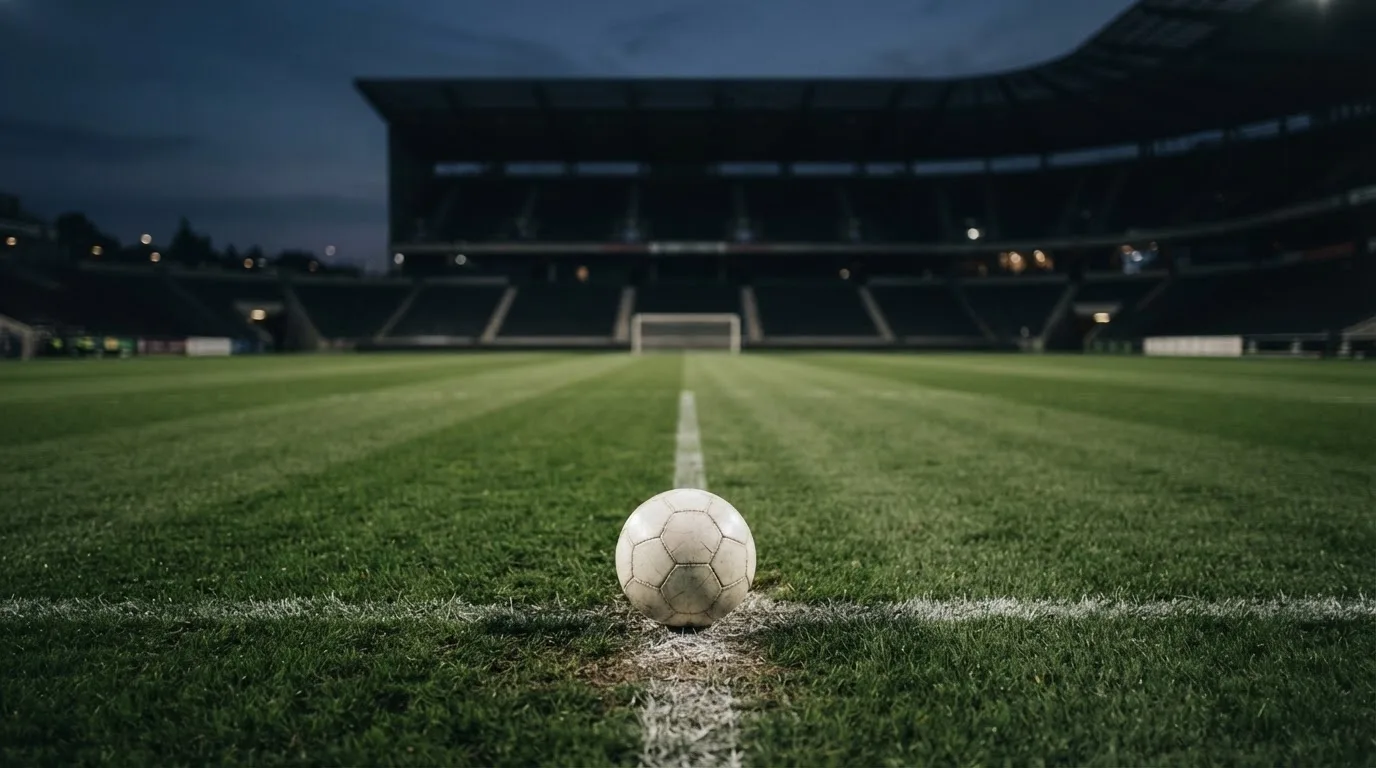 Ein Fußball liegt auf dem Anstoßpunkt eines leeren Rasenplatzes, dahinter ragen dunkle Ränge in den Abendhimmel.