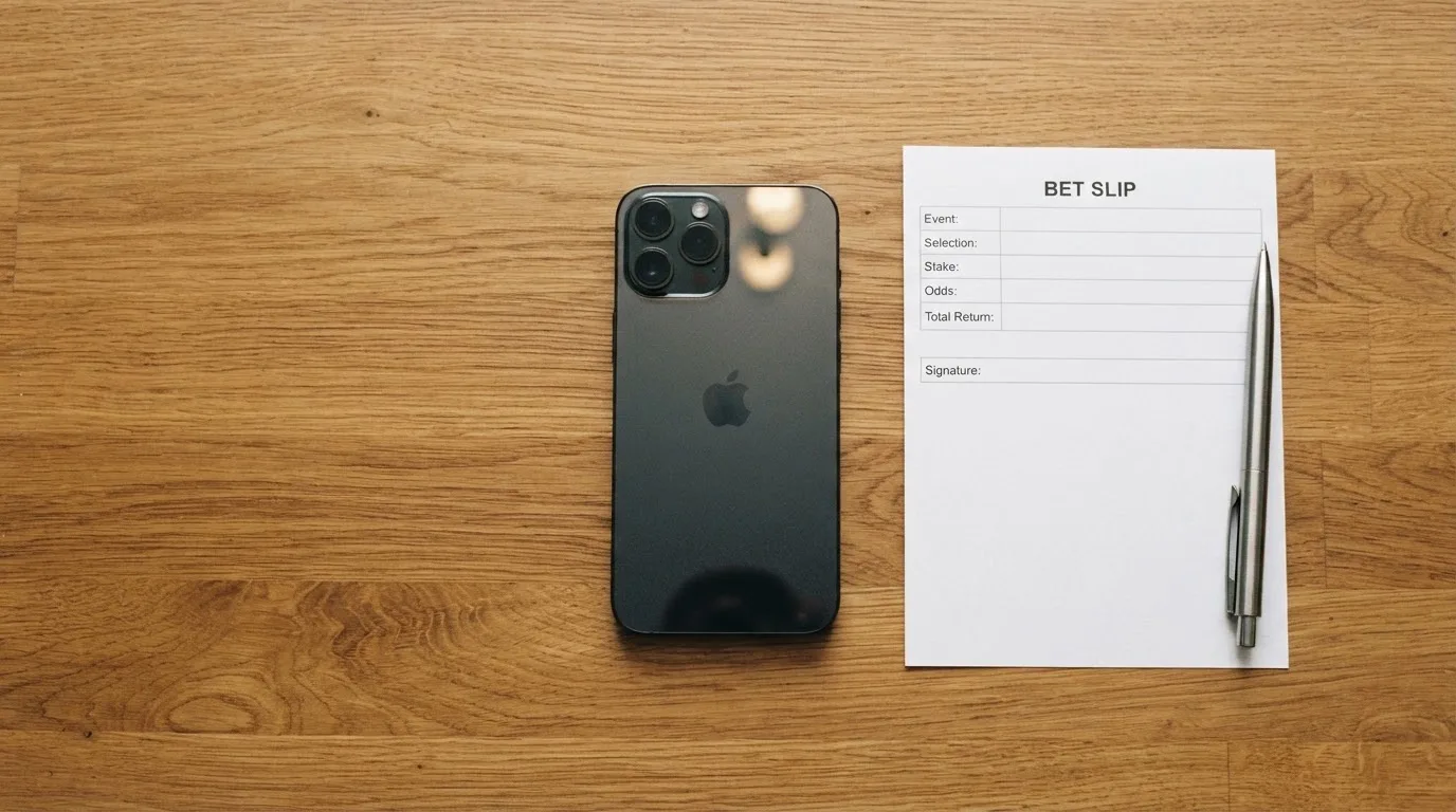 Ein Smartphone mit dunklem Display liegt neben einem leeren Papier-Wettschein und einem Stift auf einem Holztisch.
