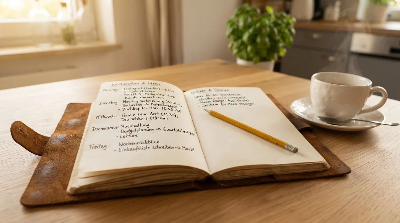 Ein Notizbuch mit handschriftlichen Notizen und einem Bleistift liegt auf einem Tisch, daneben steht eine Kaffeetasse im Morgenlicht.