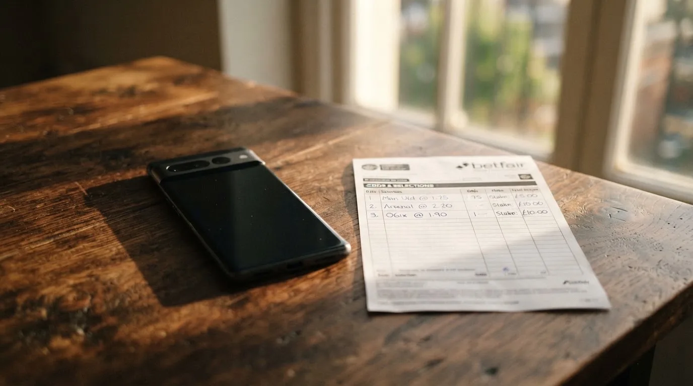 Ein Smartphone liegt mit dunklem Display auf einem Holztisch neben einem leeren Papier-Wettschein, Licht fällt von einem Fenster.