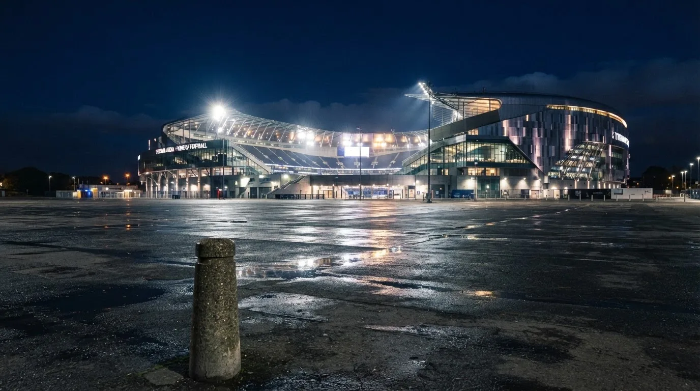 Ein Stadion unter Flutlicht von weitem betrachtet, davor ein stiller Platz bei Dunkelheit und feuchtem Asphalt.