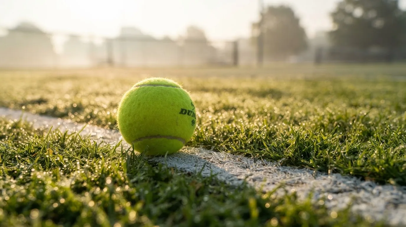 Ein Tennisball liegt auf frisch gemähtem Gras neben einer weißen Linie, Tautropfen glänzen im Gegenlicht.