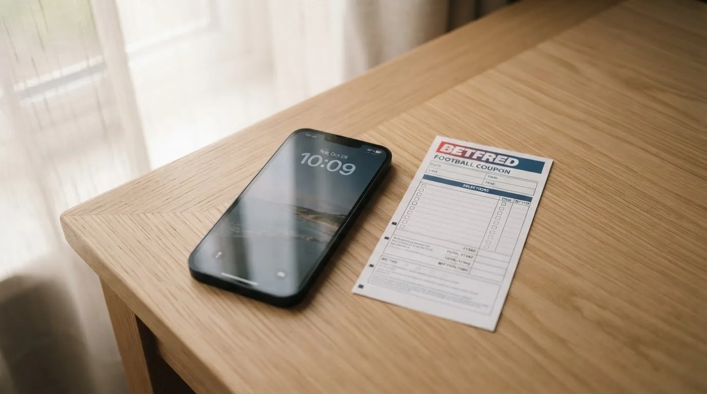Ein Smartphone mit dunklem Display liegt neben einem leeren Papier-Wettschein auf einem Tisch am Fenster.