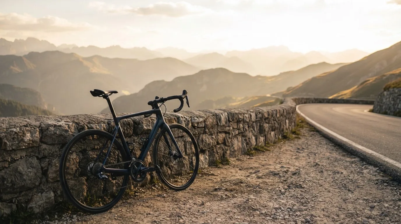 Ein Rennrad lehnt an einer Steinmauer in einer Bergkurve, im Hintergrund eine weite Hügellandschaft im Gegenlicht.