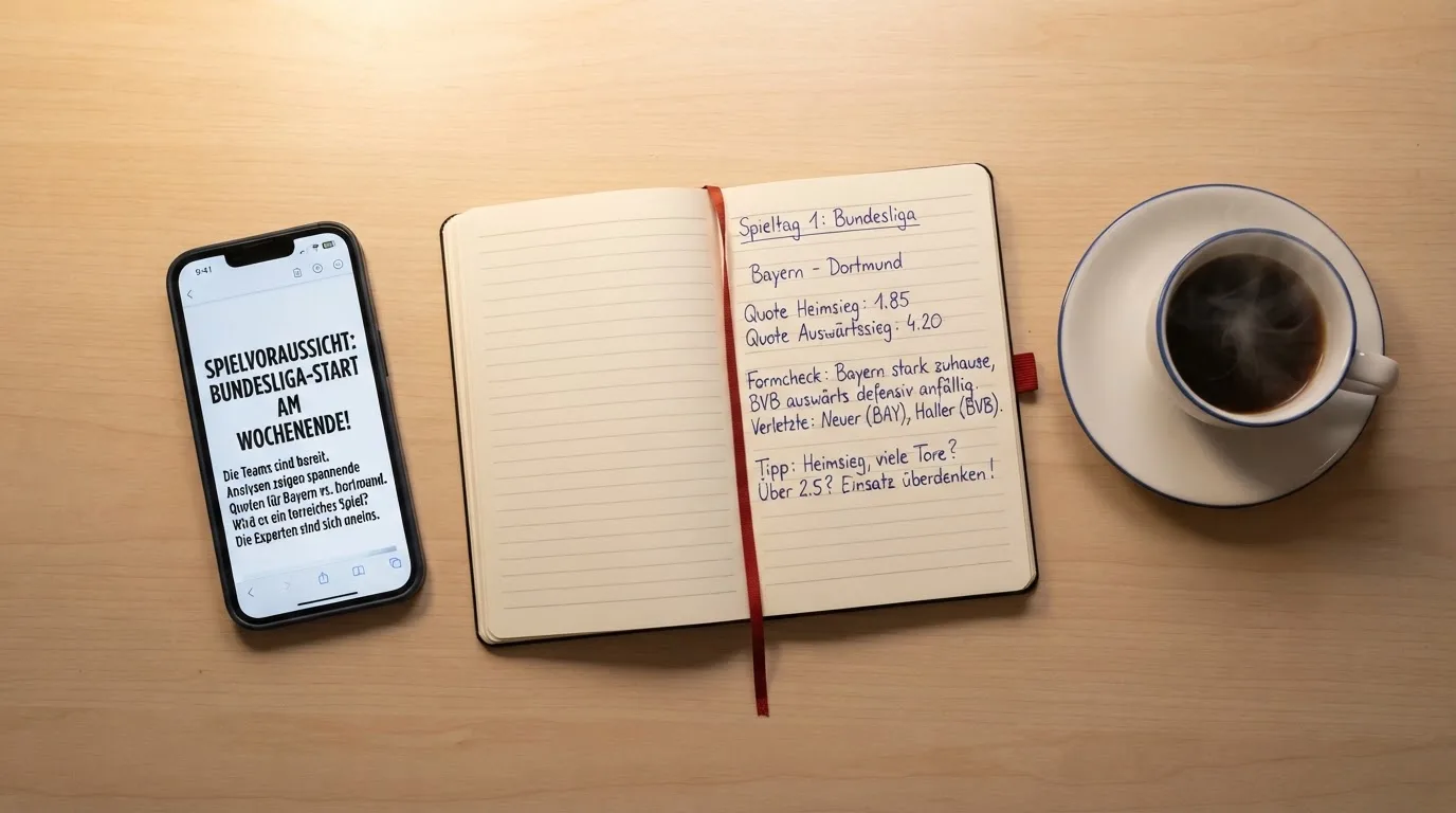 Ein Smartphone liegt auf einem Tisch neben einem Notizbuch mit handschriftlichen Notizen und einer Tasse Kaffee.