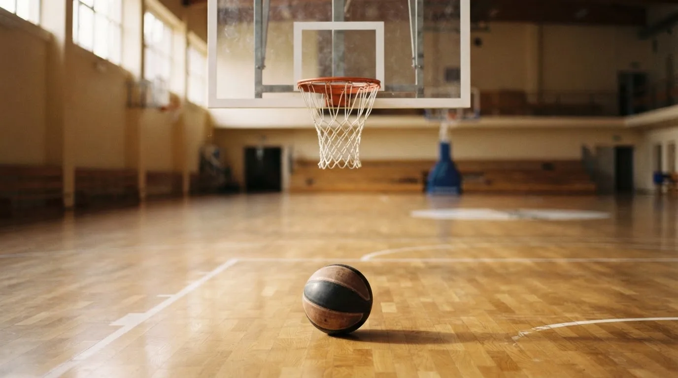 Ein Basketballkorb in einer leeren Halle, der Ball liegt unter dem Brett auf dem Parkett.