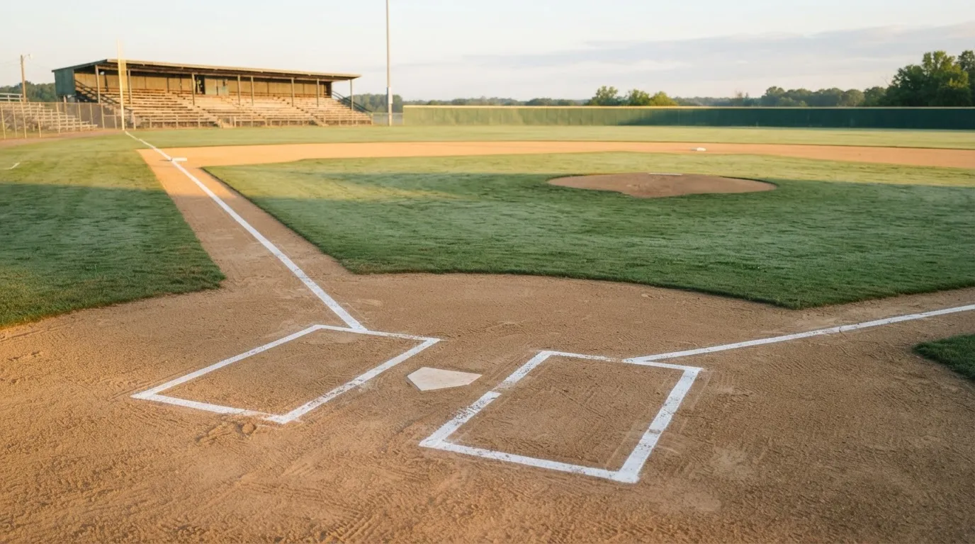 Ein Baseballfeld mit leerem Infield im Morgenlicht, die Linien frisch gezogen, keine Spieler im Bild.