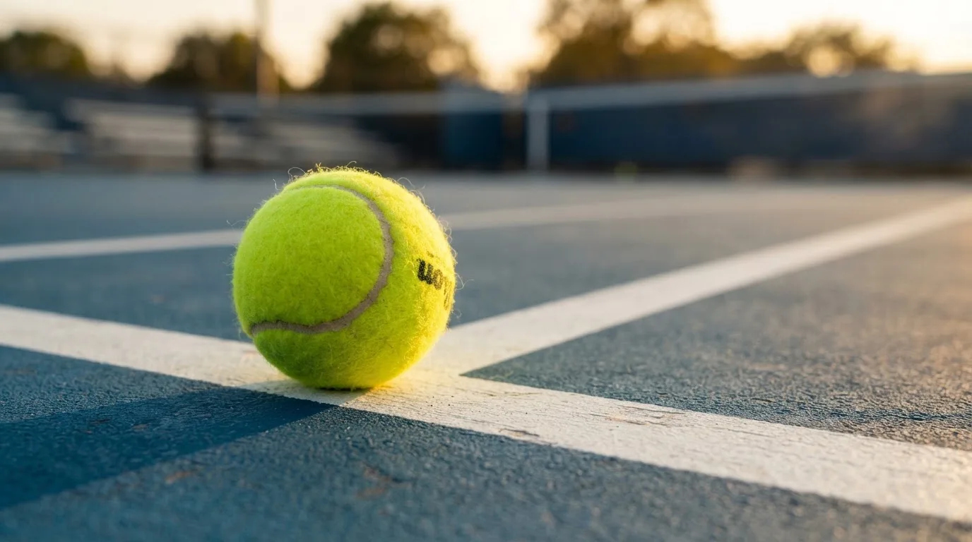 Ein Tennisball liegt in Nahaufnahme auf einer Grundlinie, dahinter verschwimmt ein leerer Platz in warmem Licht.