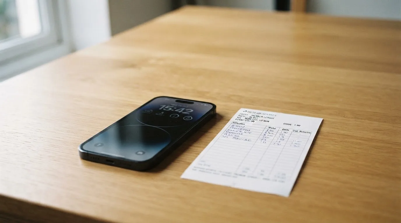Ein Smartphone mit dunklem Display liegt neben einem leeren Papier-Wettschein auf einem Tisch, Licht fällt von der Seite.
