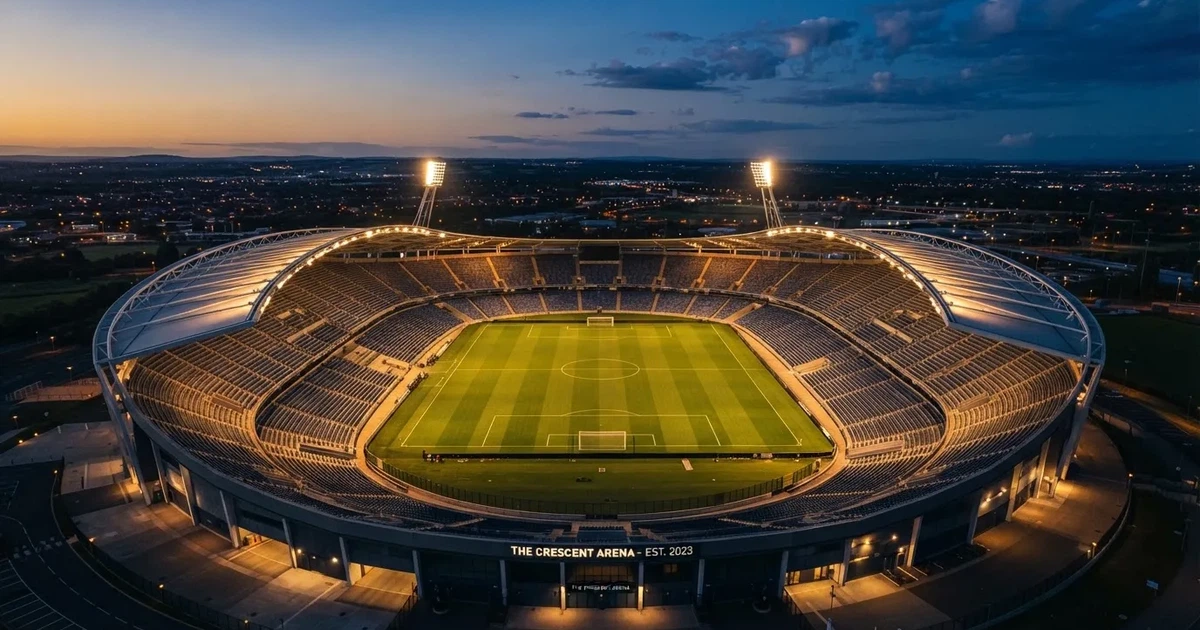 Ein riesiges Stadion in der Abenddämmerung aus der Vogelperspektive gesehen, die Lichter an den Rängen sind eingeschaltet.