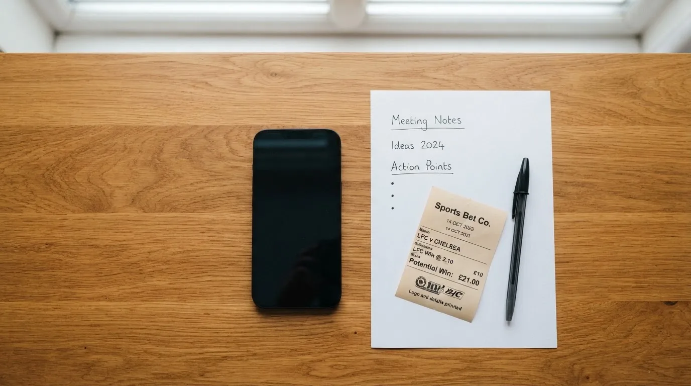 Ein Smartphone liegt mit dunklem Display neben einem leeren Papier-Wettschein und einem Stift auf einem Holztisch.