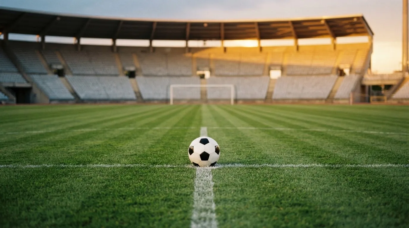 Ein Fußball liegt auf dem Anstoßpunkt eines Rasenplatzes, dahinter eine leere Tribüne im Abendlicht.