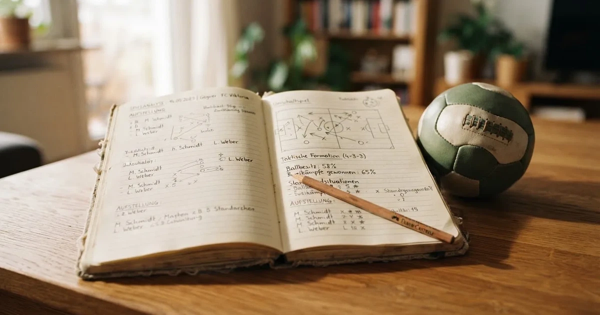 Ein Notizbuch mit handschriftlichen Notizen und einem Bleistift liegt auf einem Holztisch, daneben ein kleiner Fußball im Tageslicht.