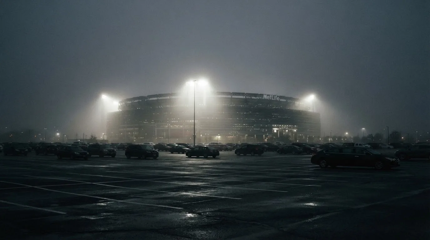 Ein Stadion unter Flutlicht aus der Ferne gesehen, davor ein stiller Parkplatz bei Nebel.