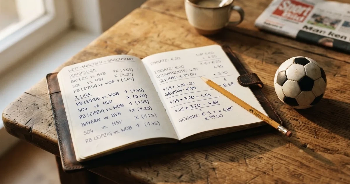 Ein Notizbuch mit handschriftlichen Notizen und einem Bleistift liegt auf einem Holztisch, daneben ein kleiner Fußball im Tageslicht.