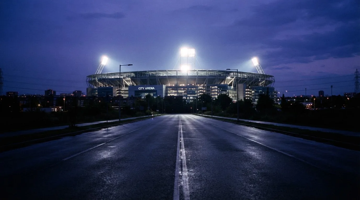 Ein Stadion unter Flutlicht aus großer Entfernung, davor eine leere Straße in der Abenddämmerung.