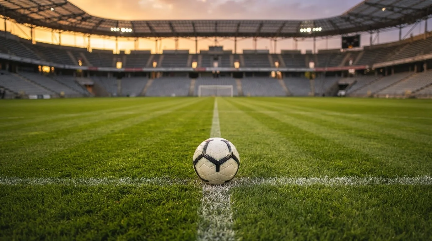 Ein Fußball liegt auf dem Anstoßpunkt eines Rasenplatzes, dahinter eine leere Tribüne im Abendlicht.
