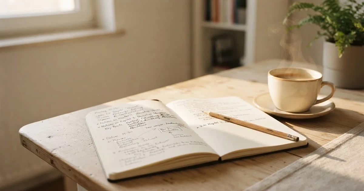 Eine Kaffeetasse, ein Notizbuch mit handschriftlichen Notizen und ein Bleistift auf einem hellen Schreibtisch am Morgen.