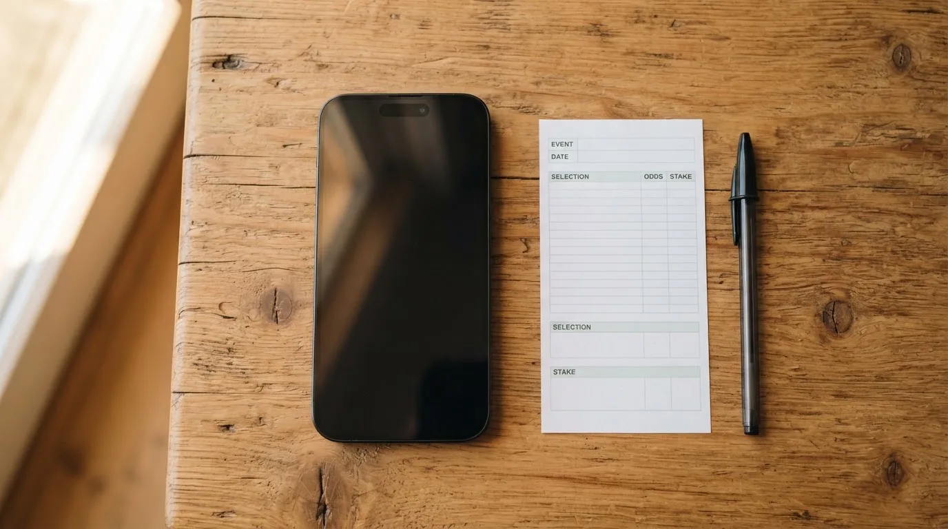 Ein Smartphone mit dunklem Display liegt neben einem leeren Papier-Wettschein auf einem Holztisch, Licht fällt von der Seite.