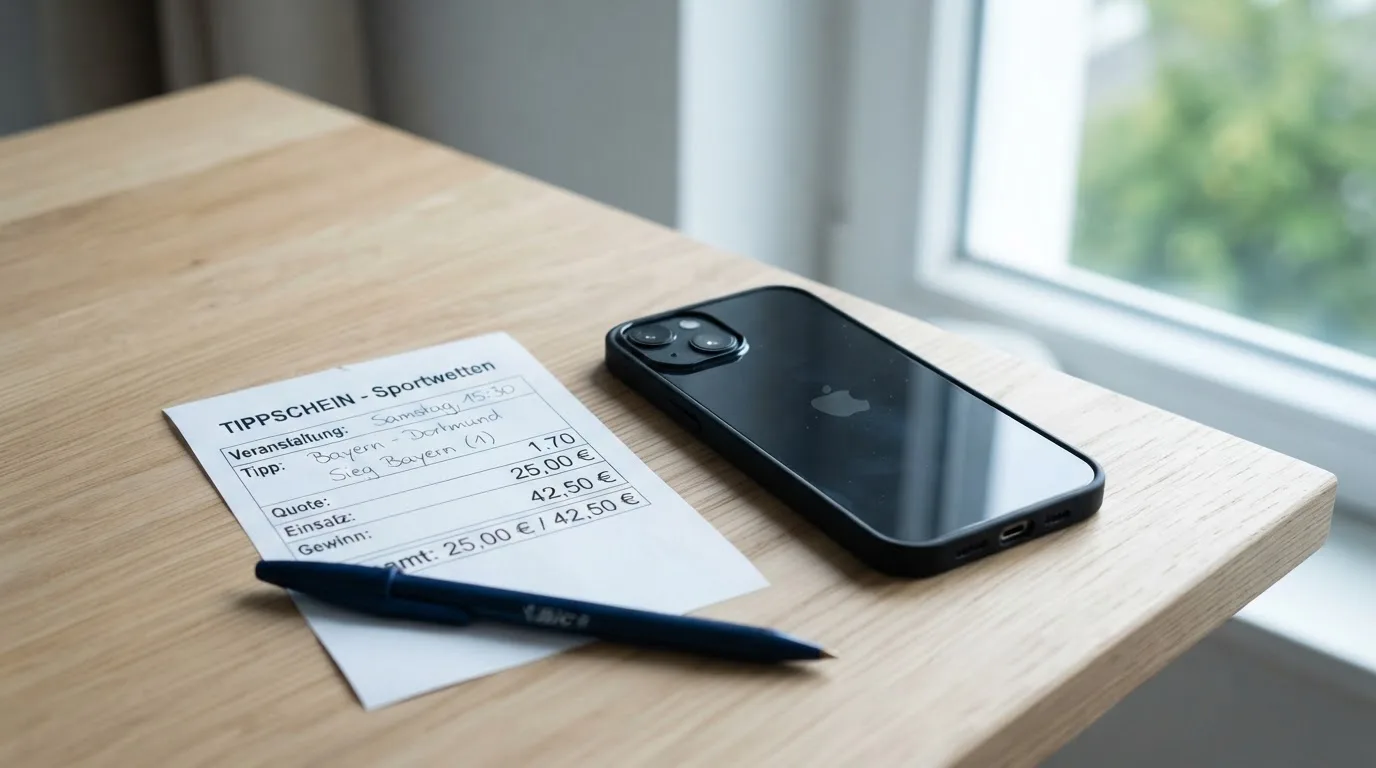 Ein leerer Papier-Wettschein und ein Kugelschreiber liegen neben einem Smartphone mit dunklem Display auf einem Schreibtisch am Fenster.