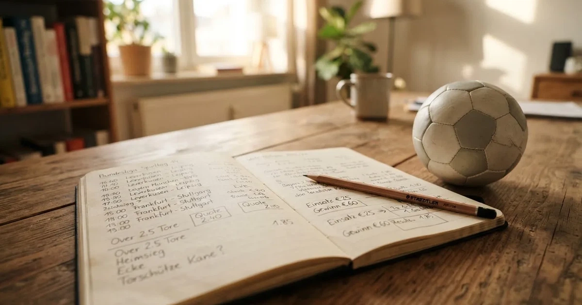 Ein Notizbuch mit handschriftlichen Notizen und einem Bleistift liegt auf einem Holztisch, daneben ein kleiner Fußball im Tageslicht.