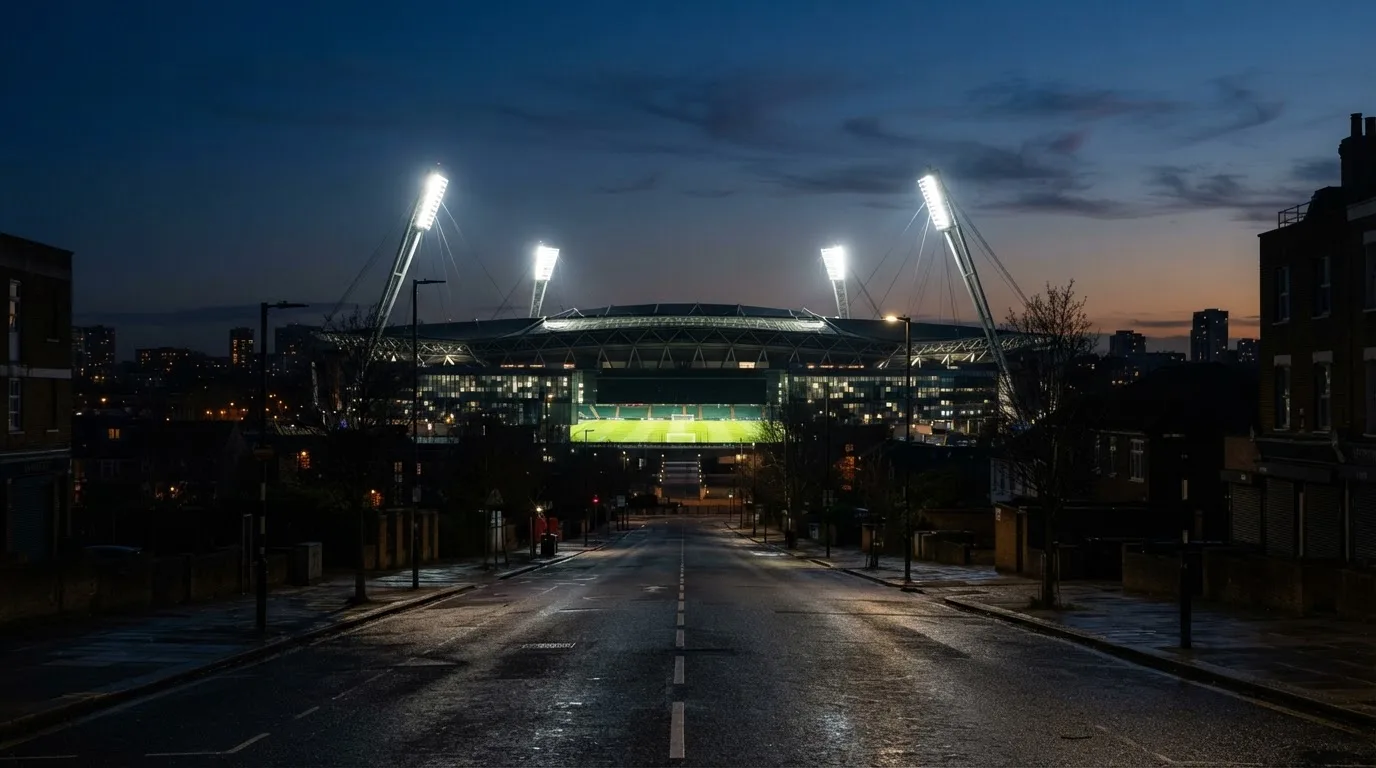 Ein Stadion unter Flutlicht aus großer Entfernung, davor eine leere Straße in der Abenddämmerung.