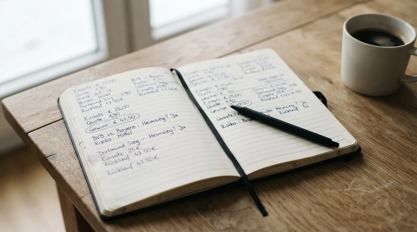 Ein Notizbuch mit handschriftlichen Notizen und ein Taschenrechner stehen auf einem Schreibtisch, daneben eine Tasse.