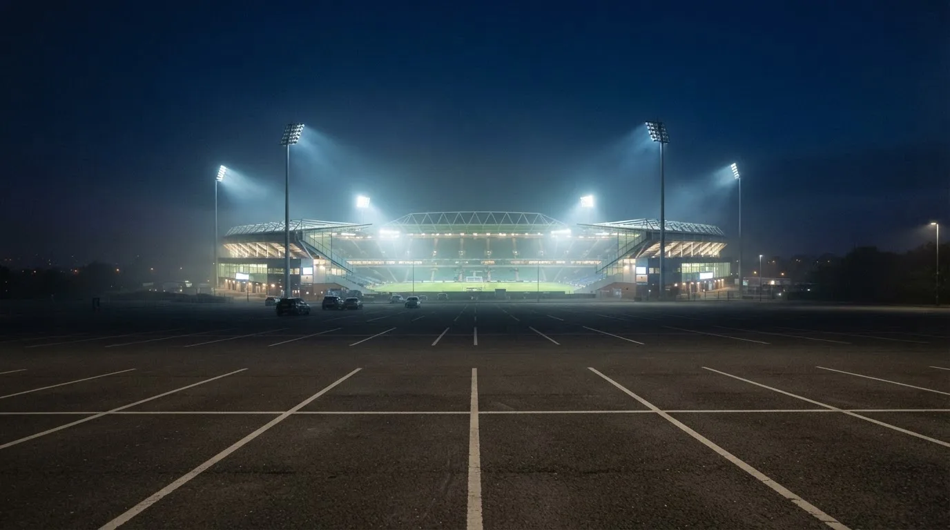 Ein Stadion unter Flutlicht aus der Ferne gesehen, davor ein leerer Parkplatz im Dunst.
