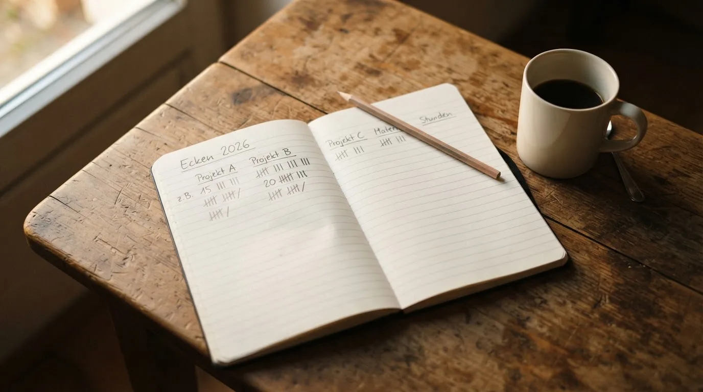 Ein Notizbuch mit handgeschriebenen Strichlisten liegt neben einem Bleistift und einer Kaffeetasse auf einem Holztisch.