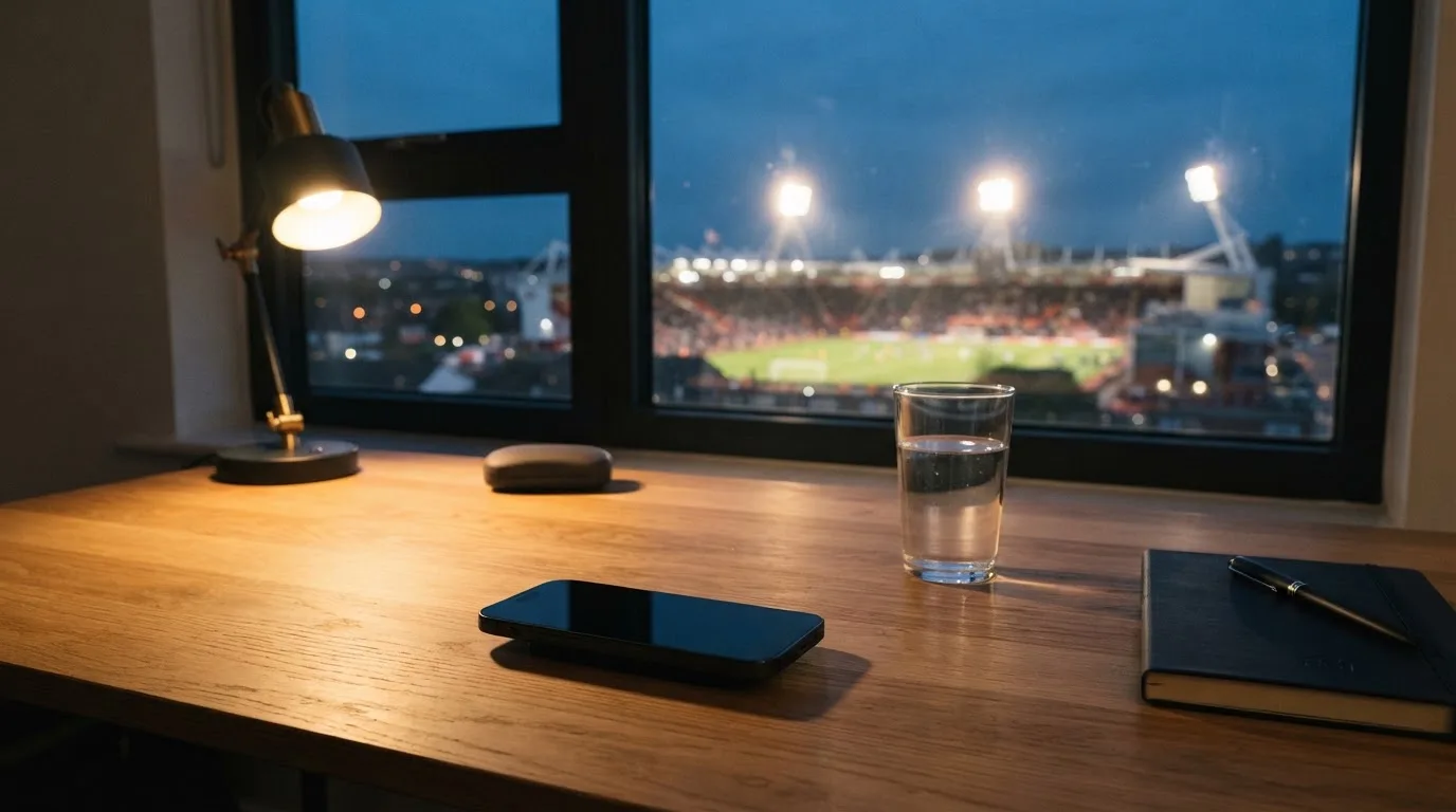 Ein Smartphone mit dunklem Display liegt auf einem Schreibtisch neben einem Glas Wasser, im Fenster dahinter ein Stadion im Dämmerlicht.