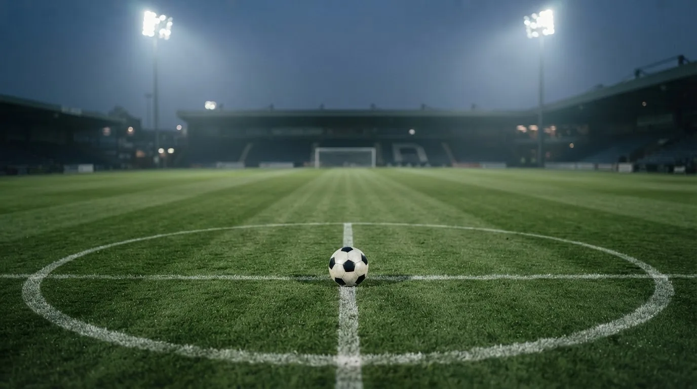 Ein Fußball liegt auf dem Mittelkreis eines leeren Rasenplatzes unter Flutlicht am frühen Abend, die Tribünen sind nur schemenhaft zu erkennen.