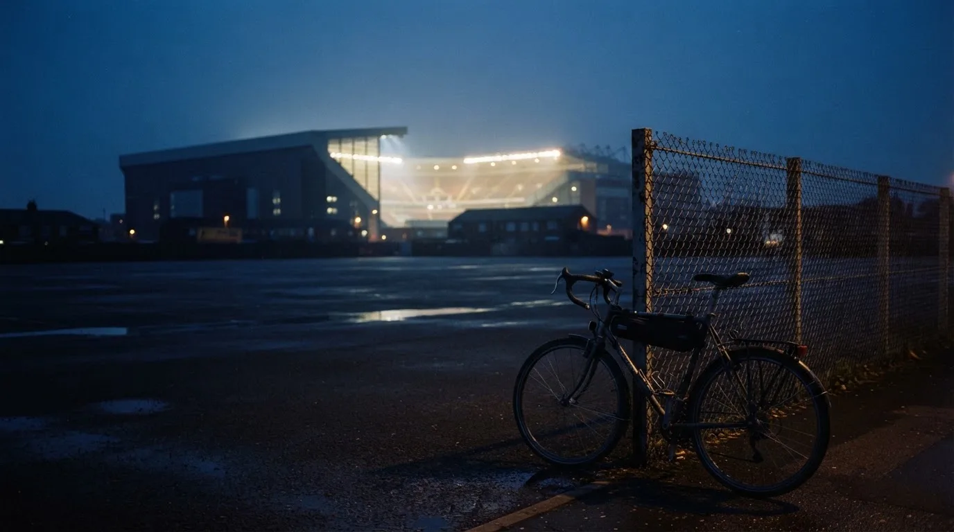 Ein Stadion unter Flutlicht aus der Ferne gesehen, davor ein dunkler Parkplatz und ein einzelnes Fahrrad an einem Zaun.