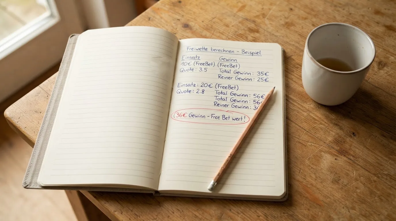 Ein Notizbuch mit handschriftlichen Zahlenreihen und ein Bleistift liegen auf einem Küchentisch neben einer Tasse.