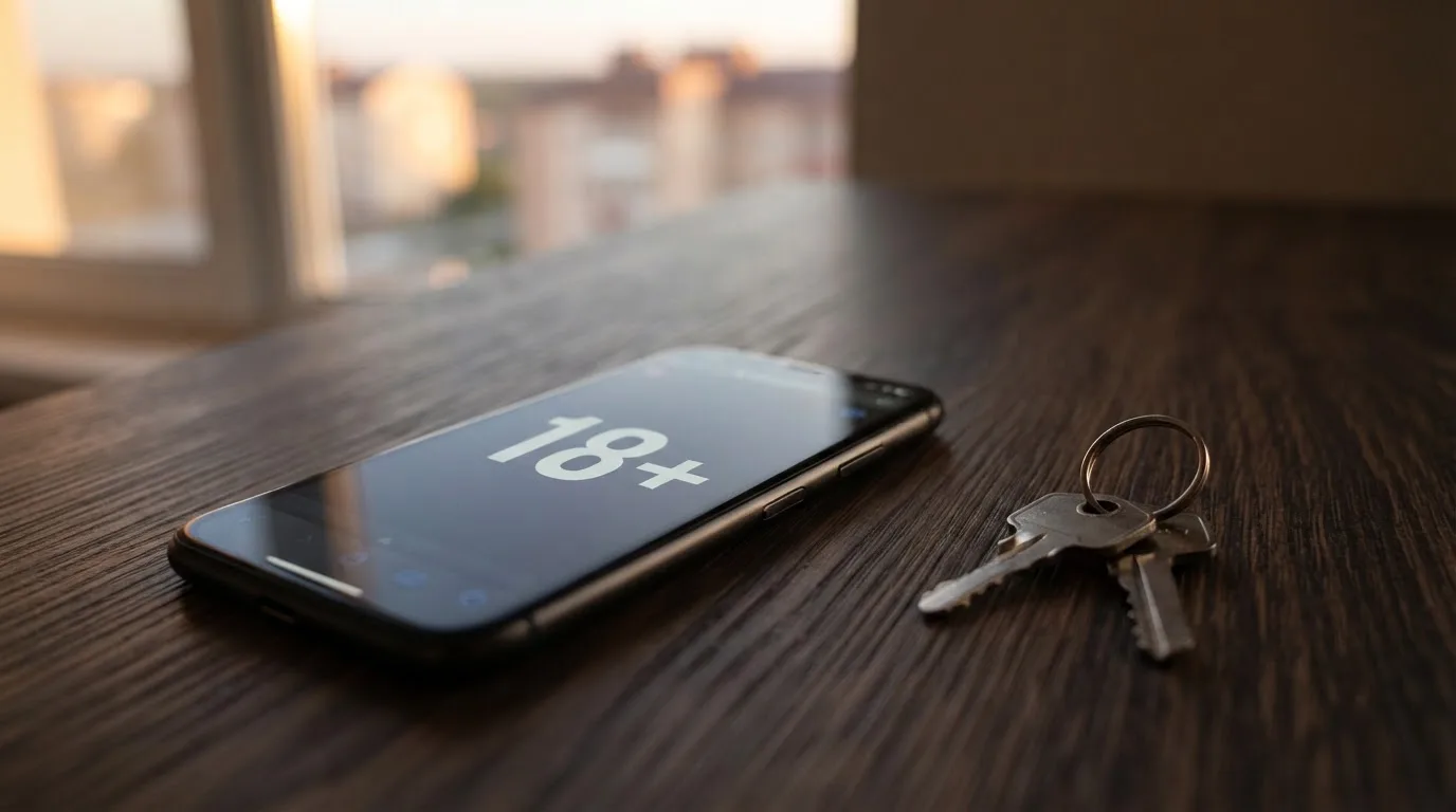 Ein Smartphone mit dunklem Display liegt auf einem Holztisch, daneben ein Schlüsselbund, im Hintergrund ein Fenster mit Abendlicht.