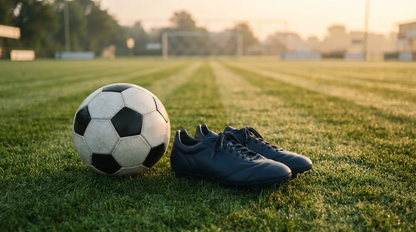 Ein Fußball auf frisch gemähtem Rasen im Morgenlicht, daneben ein Paar Fußballschuhe ohne erkennbare Marke.