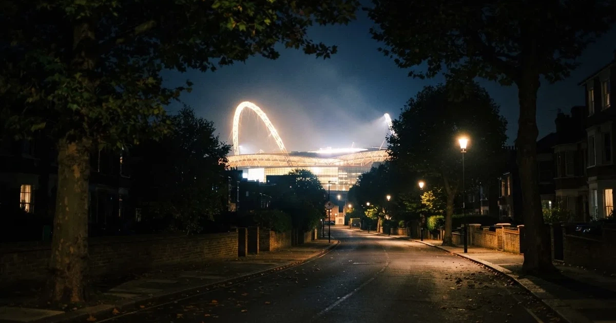 Ein Fußballstadion bei Nacht aus großer Entfernung, hell erleuchtet unter Flutlicht, davor eine dunkle Straße und Bäume.