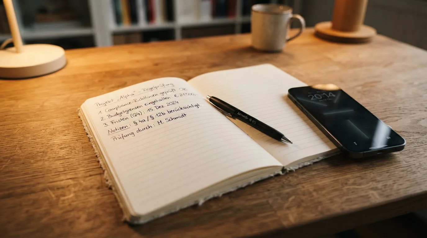 Ein Notizbuch mit handgeschriebenen Zahlen und ein Kugelschreiber liegen auf einem Tisch, daneben ein Smartphone mit schwarzem Bildschirm.