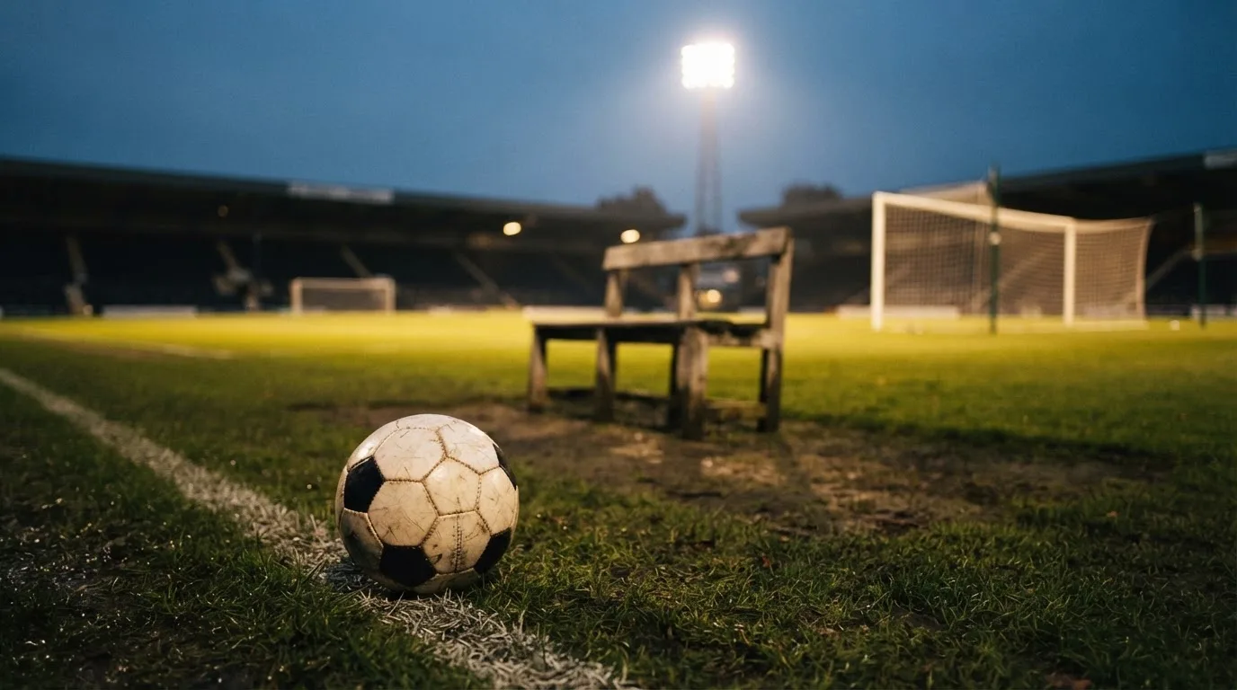 Ein Fußball liegt am Spielfeldrand neben einer leeren Ersatzbank, das Flutlicht über dem Platz leuchtet in der Dämmerung.