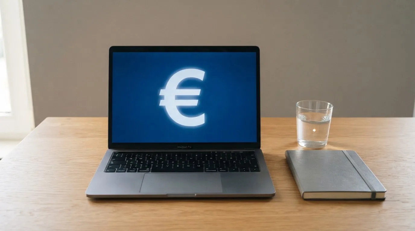 Ein Laptop mit dunklem Bildschirm steht aufgeklappt auf einem Schreibtisch, daneben ein Notizbuch und ein Glas Wasser.
