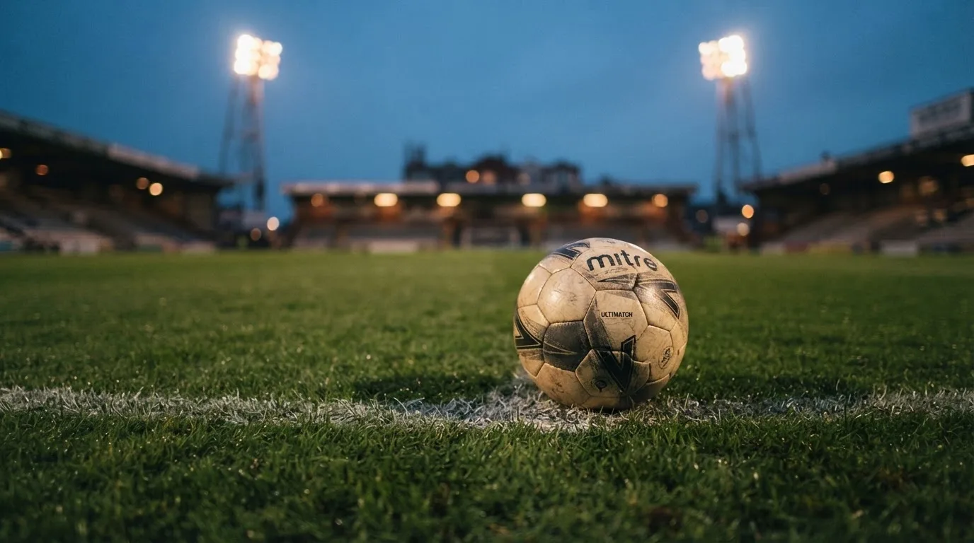 Ein Fußball liegt auf dem Anstoßpunkt eines Rasenplatzes in der Abenddämmerung, Flutlichtmasten stehen unscharf im Hintergrund.