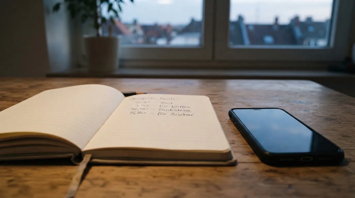 Ein Notizbuch mit handschriftlichen Zahlen liegt neben einem Smartphone mit dunklem Display auf einem Tisch, im Fenster Dämmerlicht.
