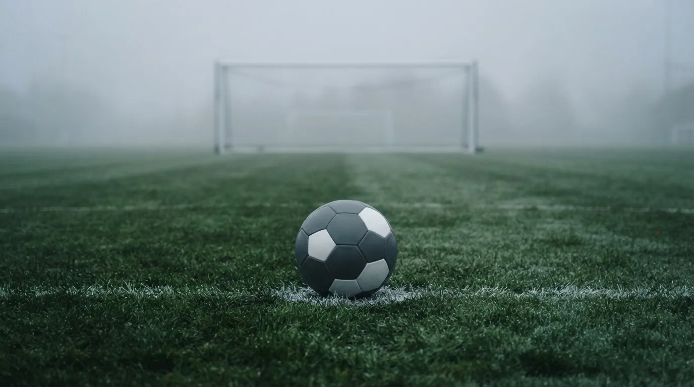 Ein Fußball liegt auf dem Elfmeterpunkt eines nassen Rasenplatzes, im Hintergrund ein leeres Tor im Nebel.