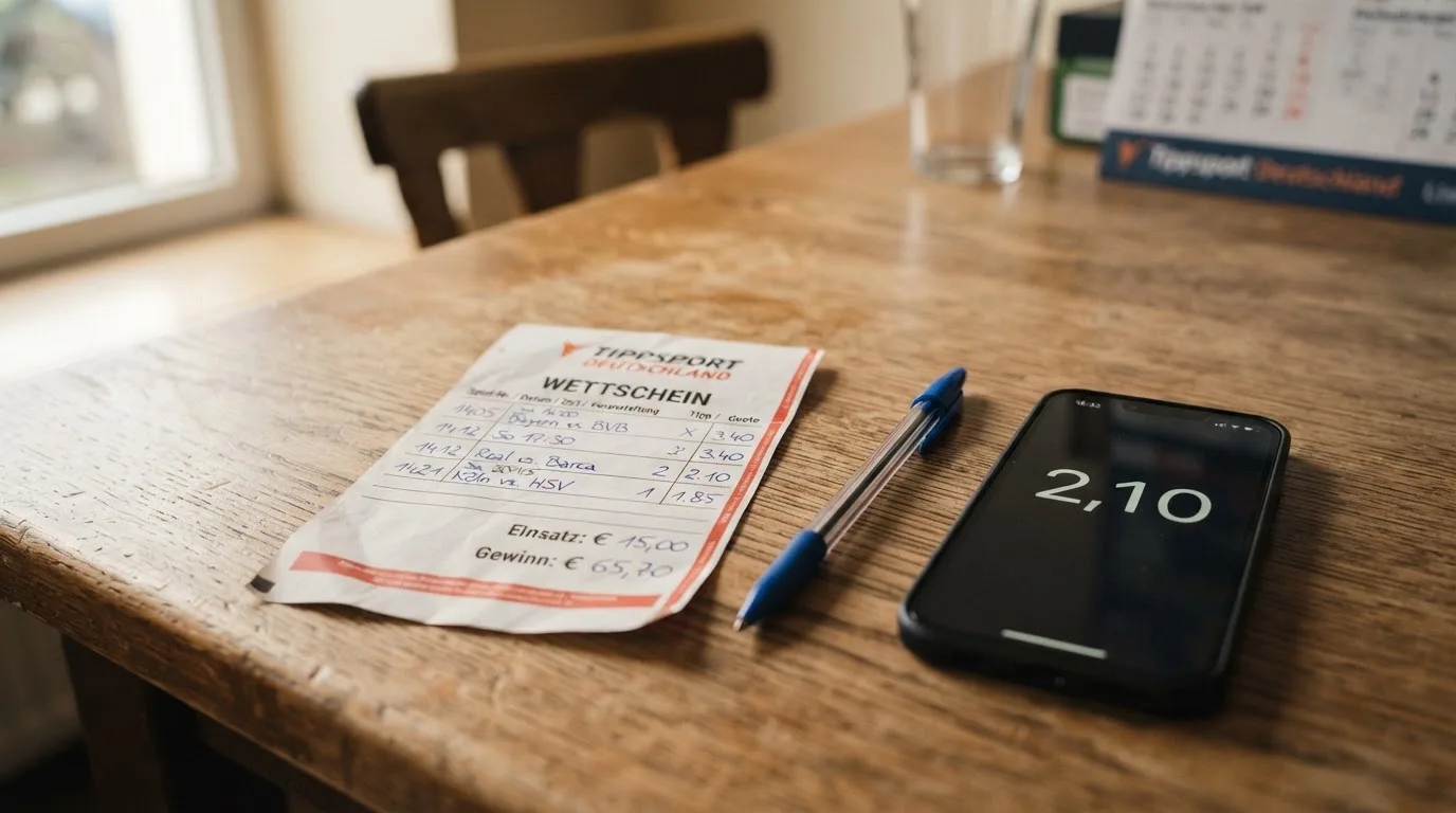 Ein leerer Papier-Wettschein und ein Kugelschreiber liegen auf einem Holztisch neben einem schwarzen Smartphone.