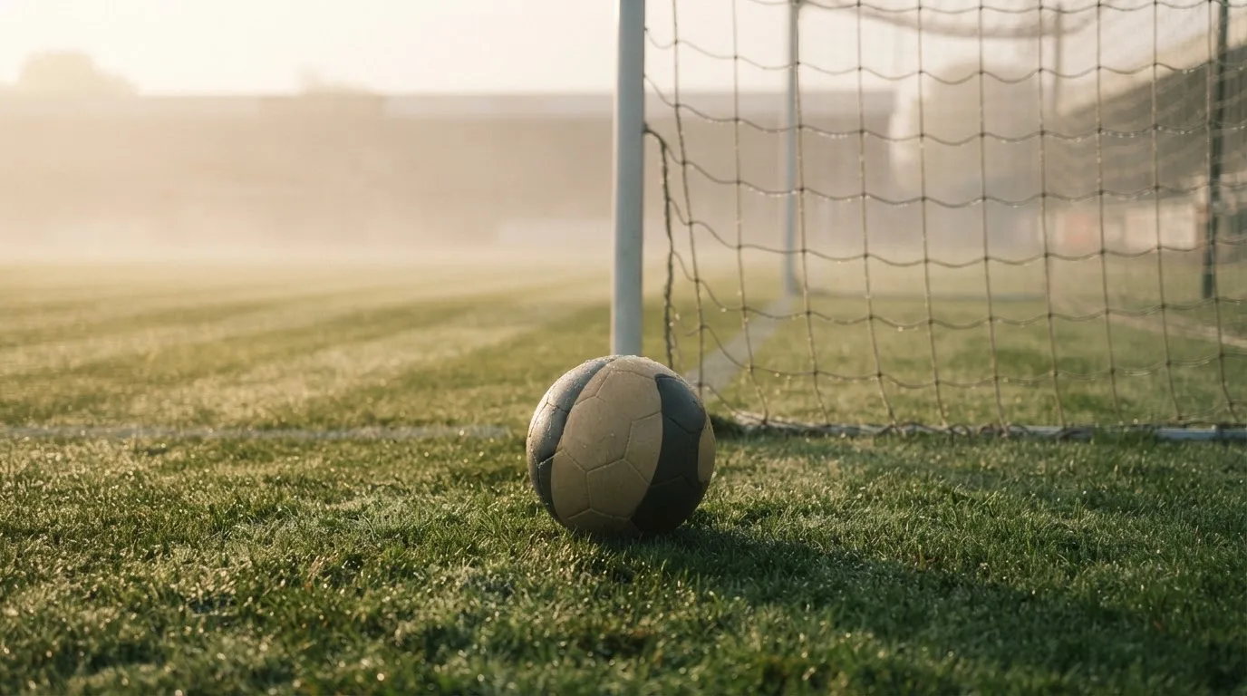 Ein Fußball liegt auf dem Rasen vor einem Tor im Morgennebel, die Netzmaschen sind taufeucht.