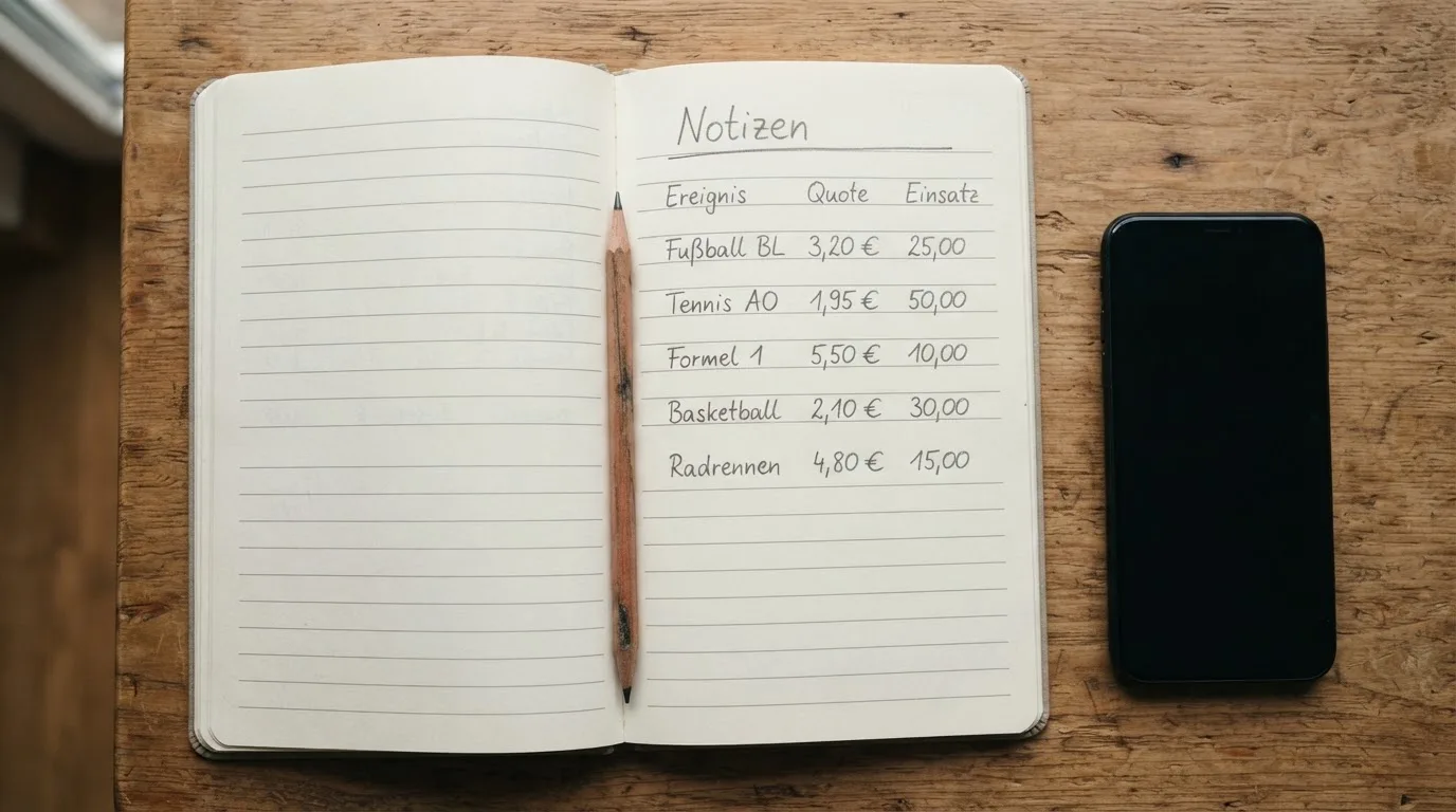 Ein Notizbuch mit handschriftlichen Zahlenreihen liegt neben einem Bleistift und einem Smartphone mit dunklem Display auf einem Tisch.