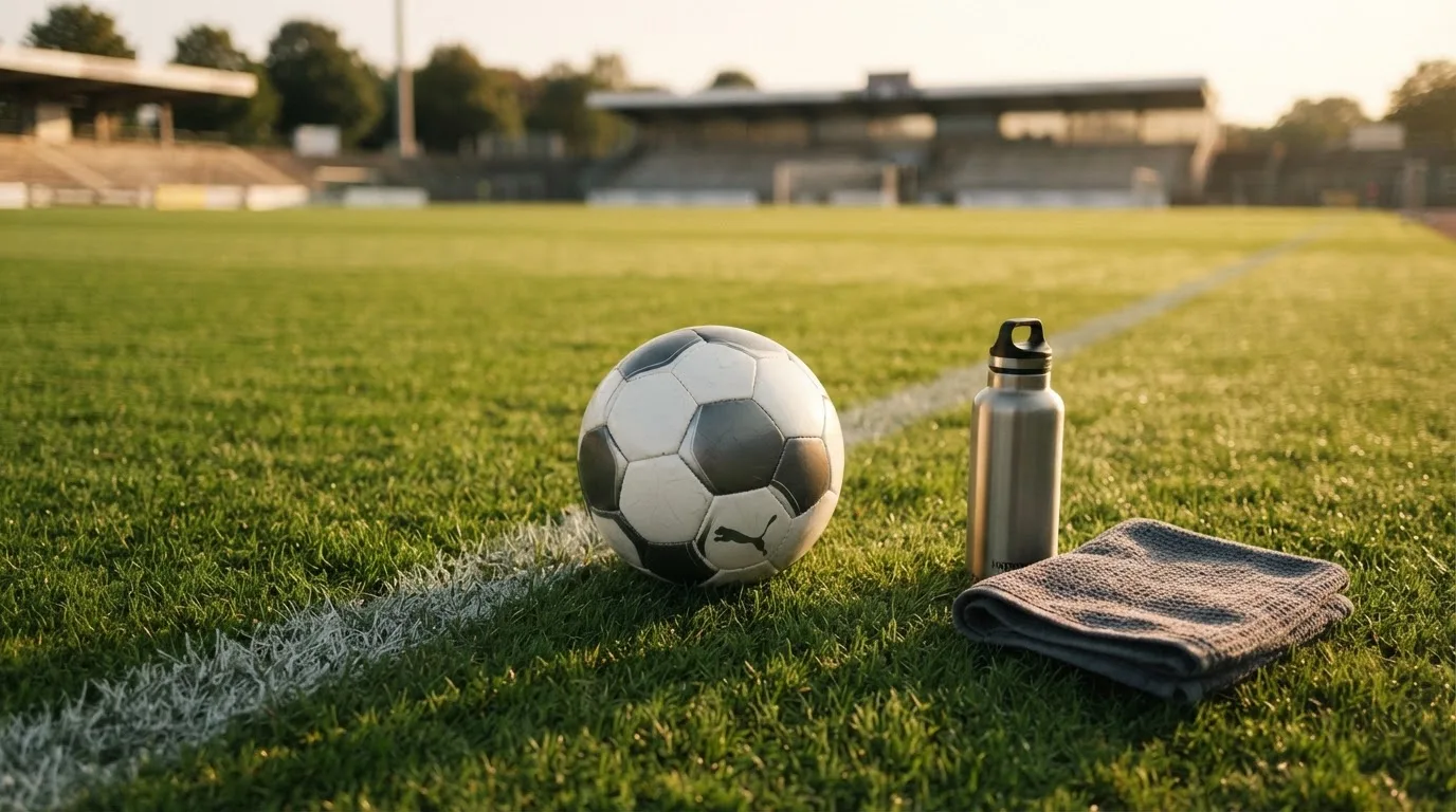 Ein Fußball auf einer Wiese neben der Seitenlinie, daneben eine Trinkflasche ohne Aufdruck und ein Handtuch.